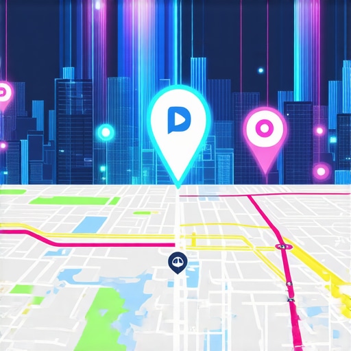 Futuristic city with digital maps and AI interfaces representing innovative local search tools