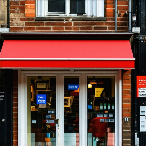 A bustling local storefront framed by regional landmarks, highlighting community involvement and regional identity.