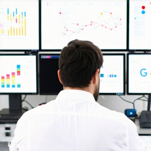 Business analyst reviewing local SEO and GMB analytics on computer screens.