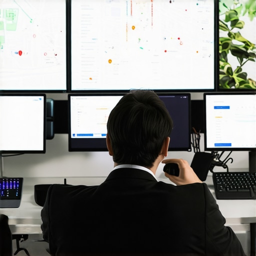 Digital marketing strategist reviewing local SEO performance with analytics dashboards and Google Maps on screens.