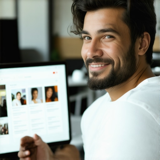 GMB Optimization with AI and Images Business owner updating GMB profile with visuals and AI tools in a modern office.