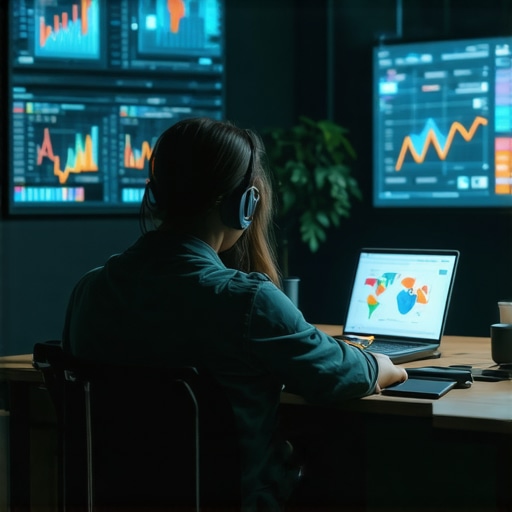 Futuristic office with multiple digital screens showcasing local SEO data and AI analysis panels