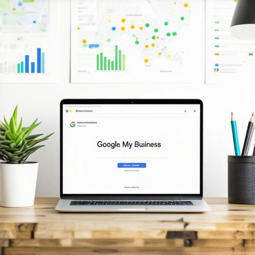 Laptop screen showing Google My Business analytics and local search data