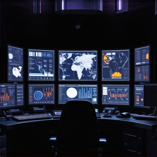 Futuristic control room with data dashboards and AI interfaces