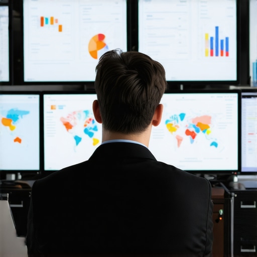 A professional analyzing demographic data on digital screens for targeted local SEO strategy.