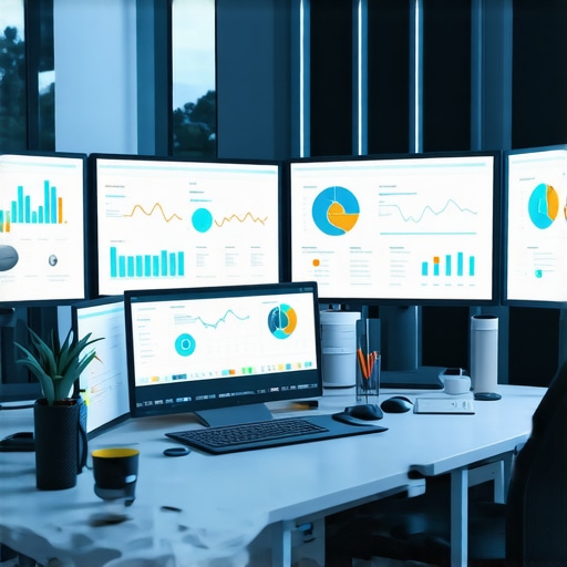 Futuristic office with digital dashboards analyzing local search data.