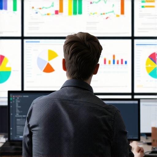 Expert analyzing local SEO performance metrics and trust signals on digital screens.