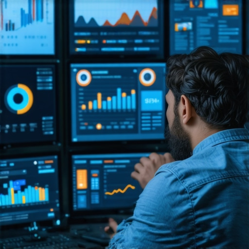 Advanced Local SEO Analytics Businessman analyzing SEO data with multiple screens focusing on AI and behavioral signals