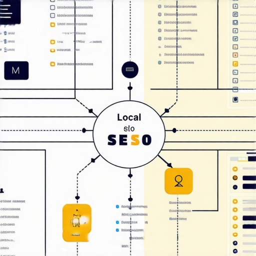 An infographic showing interconnected elements of advanced local SEO tactics including analytics, content creation, signal management, and multi-channel engagement.