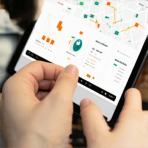Business owner reviewing local SEO analytics on a tablet displaying maps and graphs.