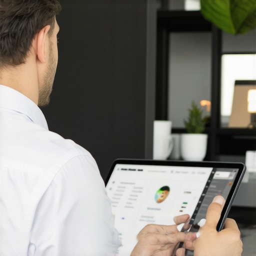 Business owner reviewing SEO tactics on a tablet in an office
