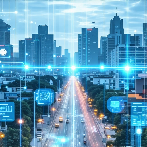 Futuristic city with AR overlays and digital signals representing advanced local SEO techniques.