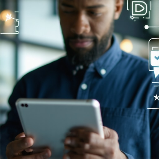 Business owner replying to online reviews on a tablet surrounded by digital icons representing engagement and signals.