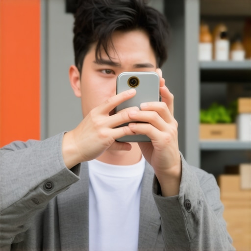 Capturing Authentic Business Visuals Business owner taking high-resolution photos of storefront to enhance Google Business profile.