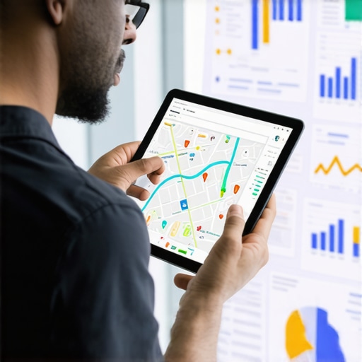 Business owner examining local geospatial data with community backdrop.