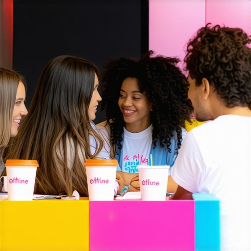 A lively community gathering with branding and social sharing, illustrating offline and online engagement integration.