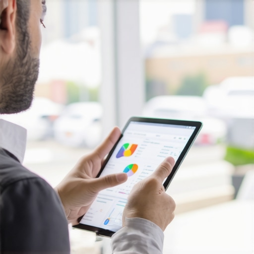 Business owner examining SEO analytics with city background.