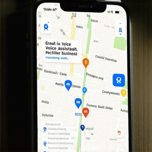 Smart device illustrating voice assistant interaction with local business information and maps.