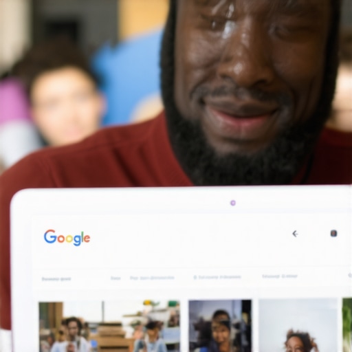 Business owner editing Google My Business profile on laptop with community background.