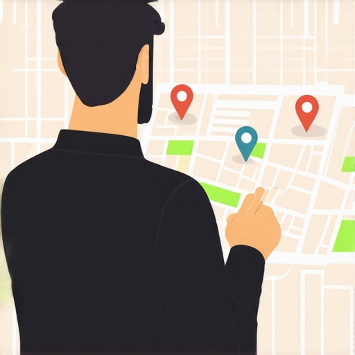 Strategic Geospatial and Community Engagement in Local SEO Business owner analyzing geospatial data and community engagement icons