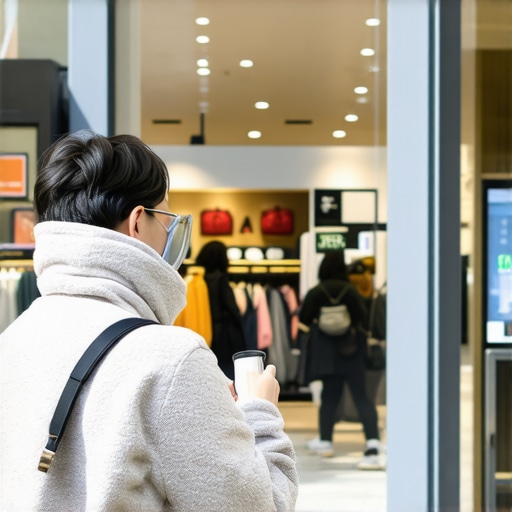 User interacting with voice assistant in front of a local storefront, highlighting voice search optimization.