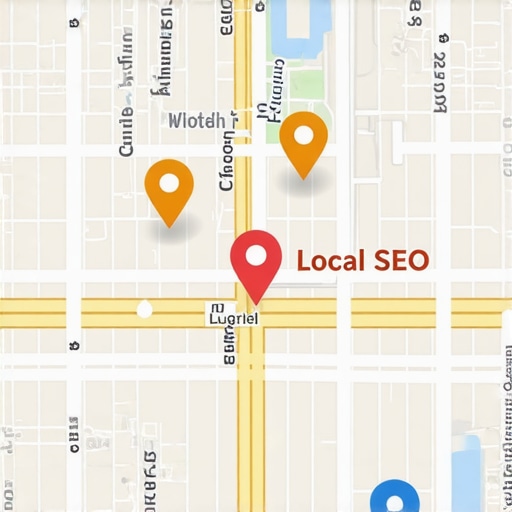 Advanced Local SEO Analytics Visualization Futuristic map showing local businesses with data overlays representing enhanced SEO analytics.