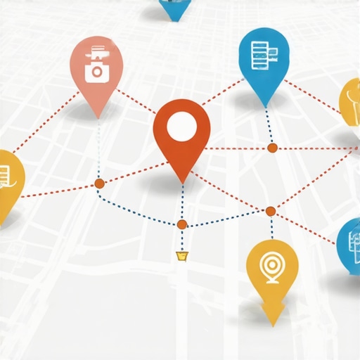 Digital map with interconnected local businesses and ranking signals.