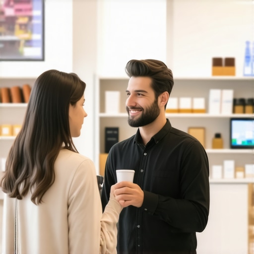 Business owner engaging with customers in a vibrant storefront