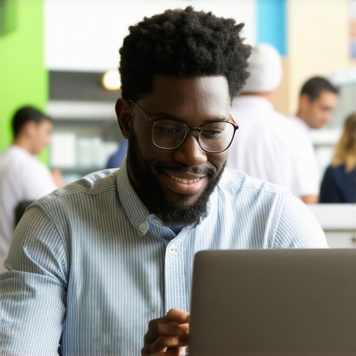 Business owner actively responding to positive customer reviews on a laptop in a retail environment.