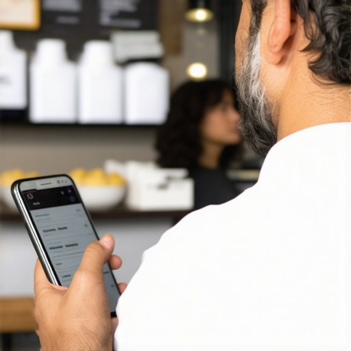 Optimizing Local SEO for Mobile and Voice Search Business owner managing Google My Business listing on mobile with customers nearby
