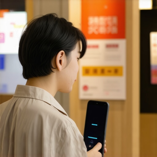Person engaging with voice assistant near a storefront