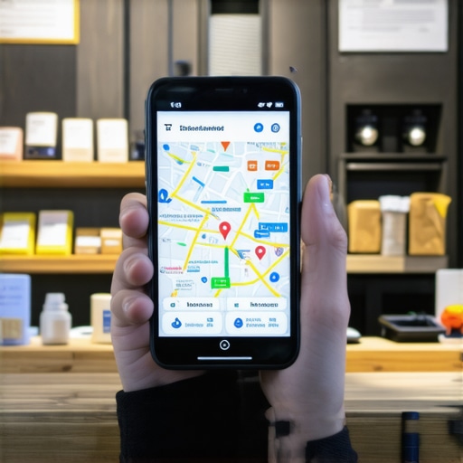 Person using voice search device near a digital map showing local business results.